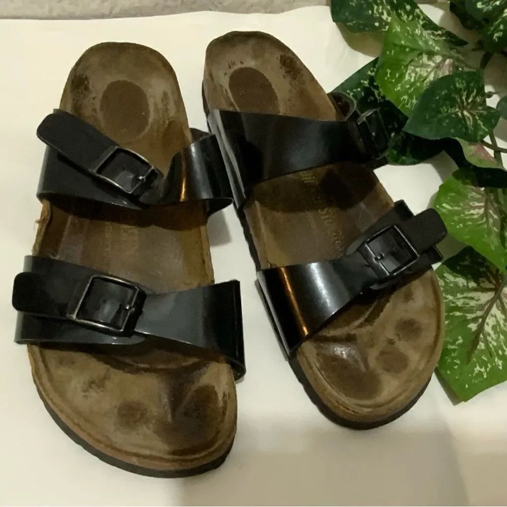 Birkenstock unisex Black Patent Leather double  Strap Slide Sandals M 6/ W8